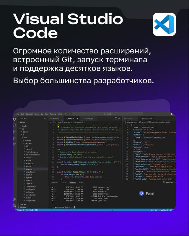 Слайд о Visual Studio Code: логотип, скриншот интерфейса в тёмной теме и краткая заметка про расширения и поддержку Git.