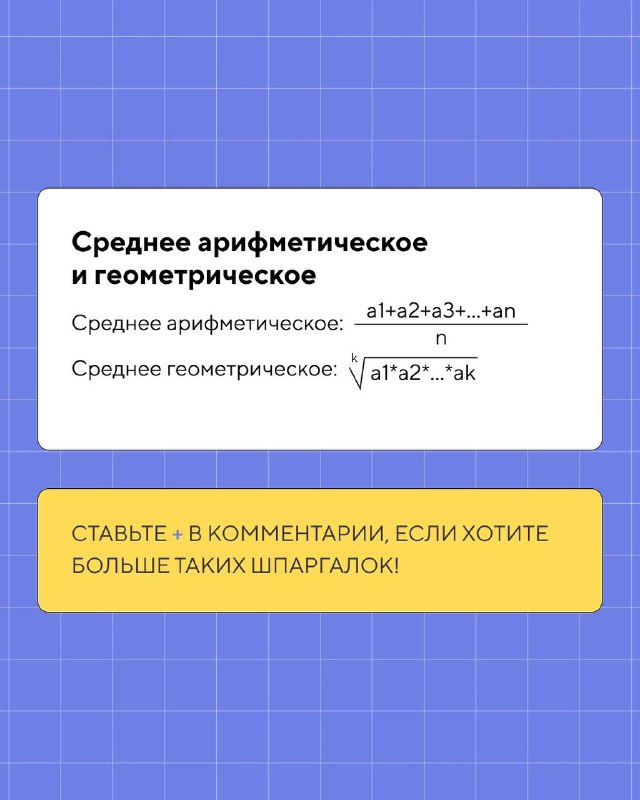 Слайд о средних арифметическом и геометрическом с короткими формулами и пояснениями; внизу карточки призыв к комментариям и запросу на похожие шпаргалки.