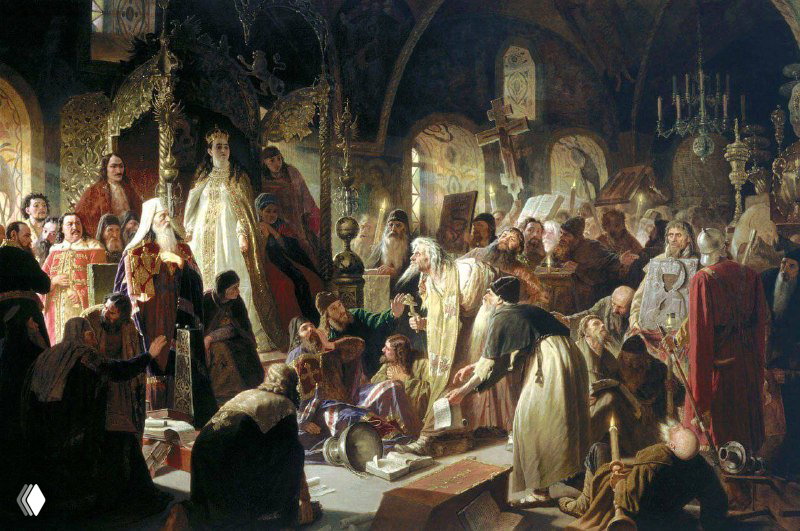 Картина Василия Перова «Никита Пустосвят. Спор о вере» (1881): интерьер церкви, спор между священнослужителями и драматическая сцена с толпой.