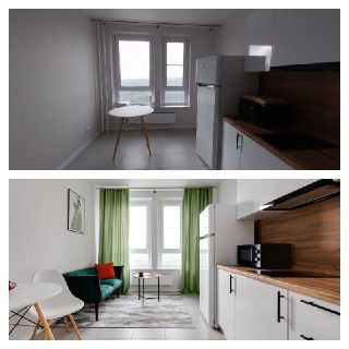 Кухонная зона в двух кадрах: сначала пустая плиточная поверхность и стол, затем та же зона с гарнитуром, шторой и уютным декором после подготовки.