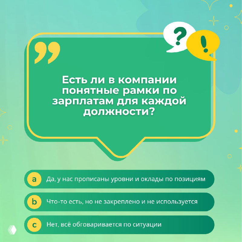 Карточка с вопросом квиза: «Есть ли в компании понятные рамки по зарплатам для каждой должности?» и варианты ответов в стиле инфографики.