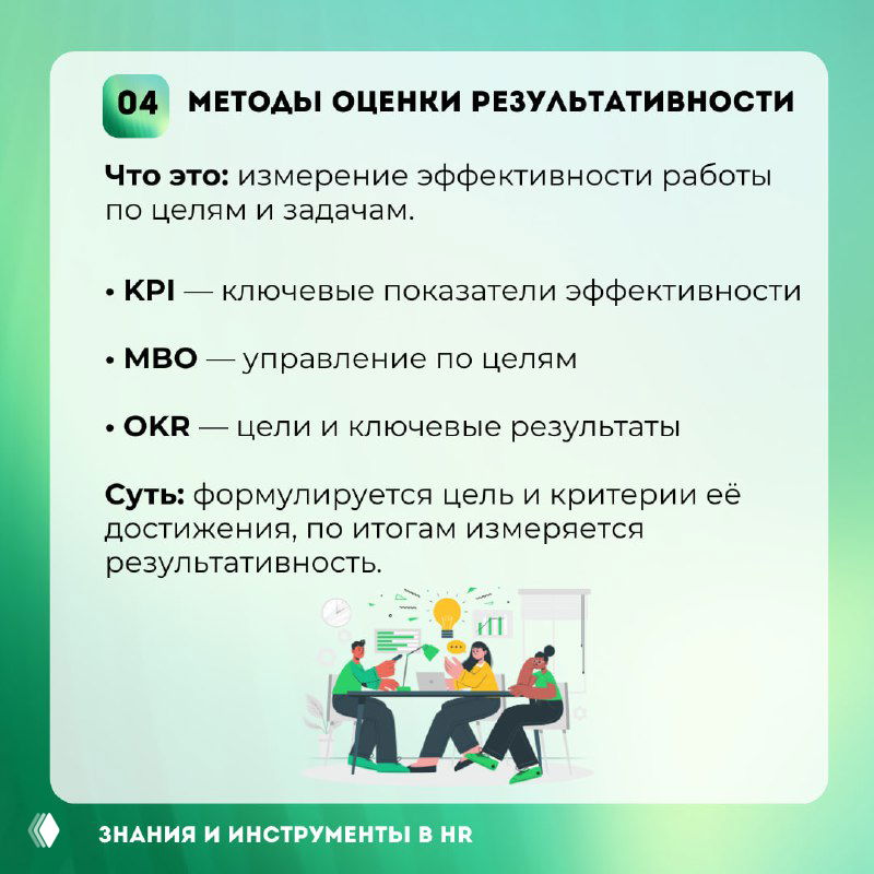 Слайд 04: «Методы оценки результативности» — KPI, MBO, OKR с пояснением сути: формулировка цели и измерение результатов; иллюстрация внизу.