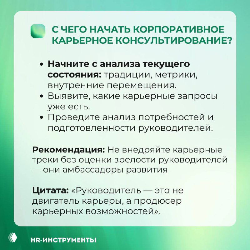Инфокарта «С чего начать корпоративное карьерное консультирование?» с советами по анализу текущего состояния, потребностей и роли руководителей.