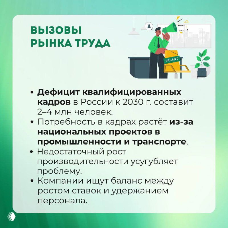 Карточка «Вызовы рынка труда»: дефицит квалифицированных кадров, рост потребностей из-за национальных проектов и необходимость баланса между ставками и удержанием.
