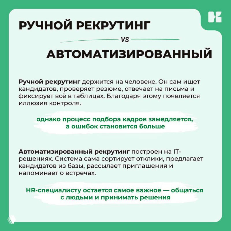 Инфографика: сравнение ручного и автоматизированного рекрутинга — где замедляются процессы и какие ошибки возникают при ручной обработке.