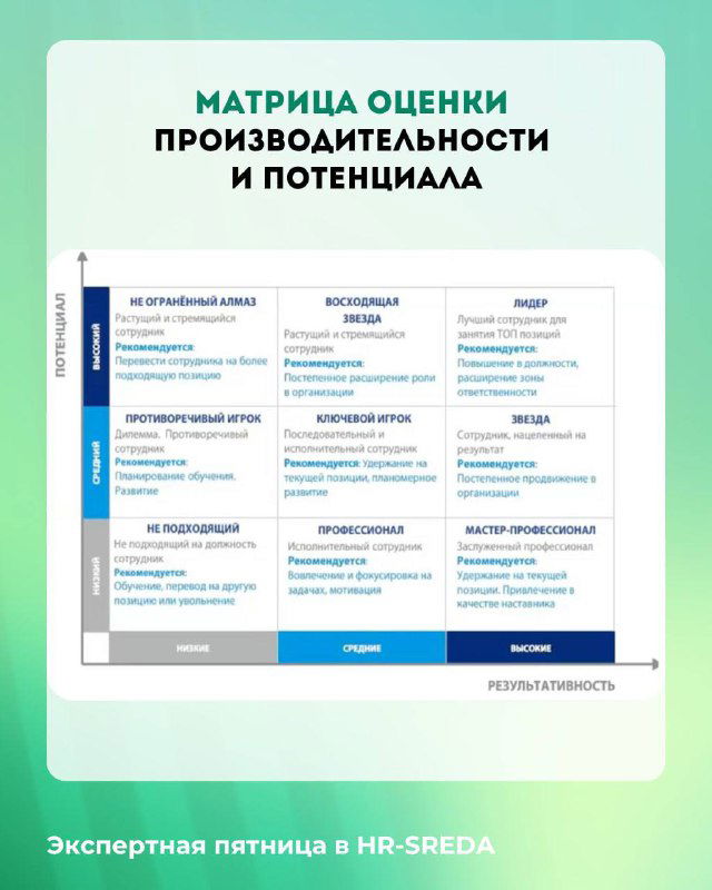 Матрица оценки производительности и потенциала сотрудников: квадранты с подписями и критериями для распределения в Комитете по талантам.