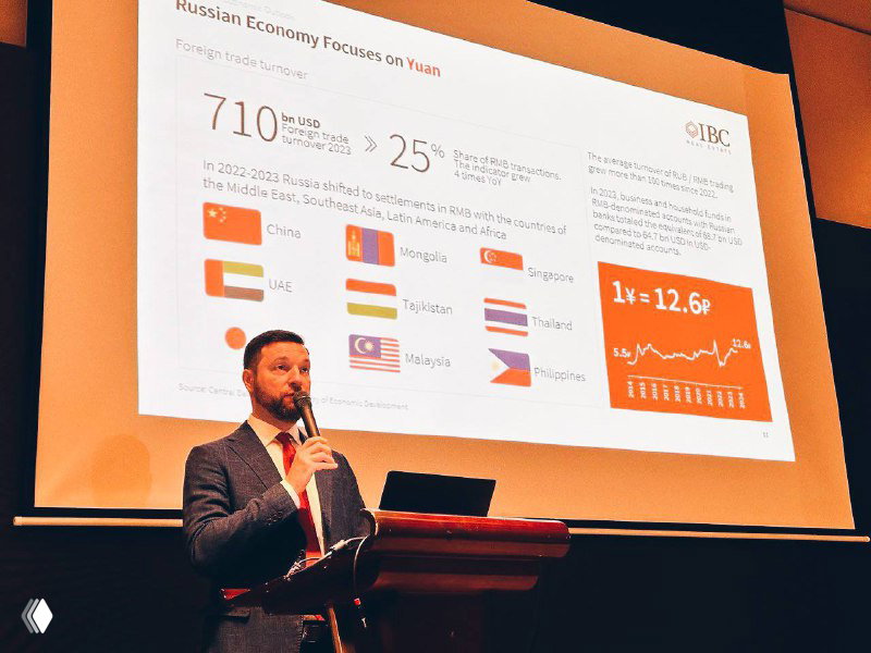 Доклад на семинаре IBC Real Estate: слайд с данными по российской экономике и докладчик на сцене во время презентации для китайской аудитории.
