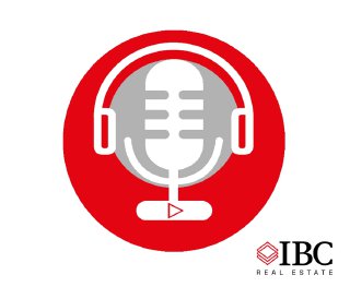 Иллюстрация аудиоподкаста IBC Real Estate: стилизованный белый микрофон в красном круге, рядом малый логотип компании.
