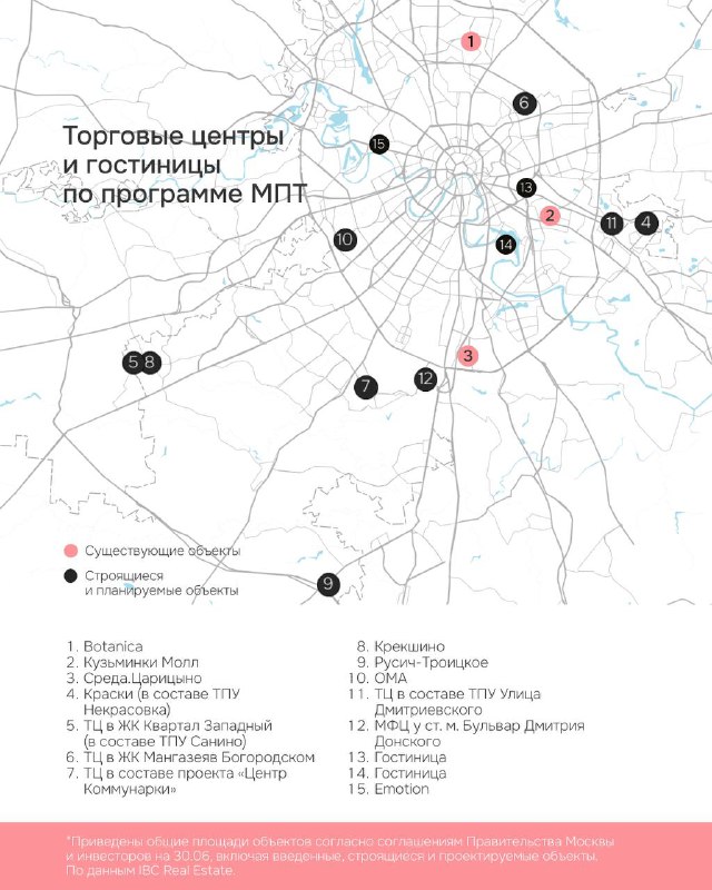 Карта города с отмеченными точками расположения торговых центров и гостиниц, вовлечённых в программу МПТ, с нумерацией объектов и легендой.