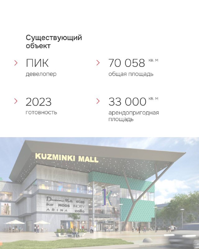Слайд с изображением Kuzminki Mall и данными по проекту PIK: общая площадь и арендопригодная площадь, год ввода в эксплуатацию.