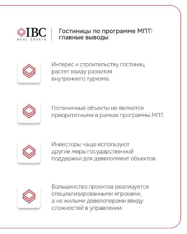 Инфографика с основными выводами по гостиницам в программе МПТ: тезисы о заинтересованности в строительстве и ключевых рисках/трендах.
