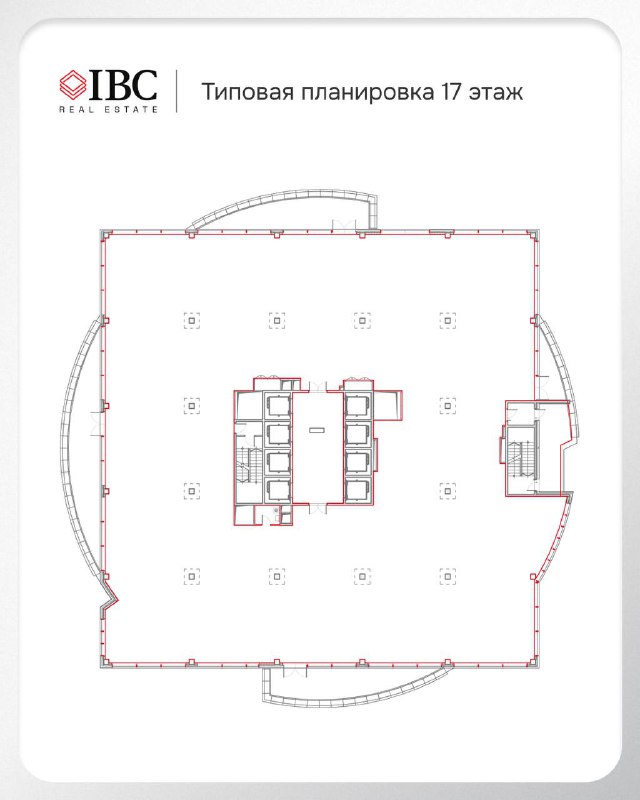 Типовая планировка 17 этажа БЦ «Ньютон», схема размещения инженерных узлов, лифтов и возможных зон арендаторов на этаже.