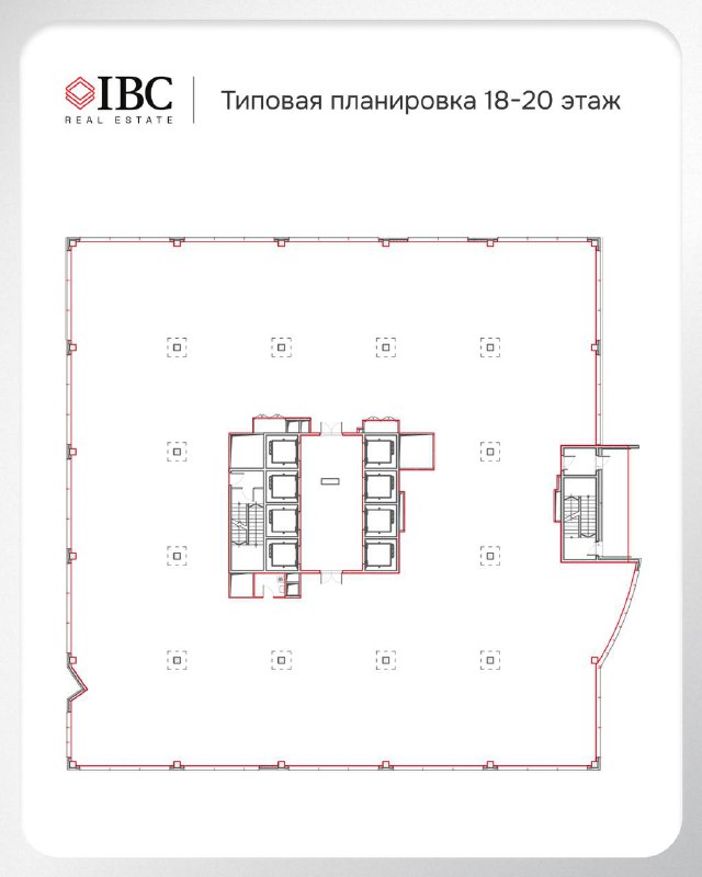 Типовая планировка 18–20 этажей БЦ «Ньютон» с разметкой оконных проёмов, технических зон и возможных конфигураций рабочих зон.