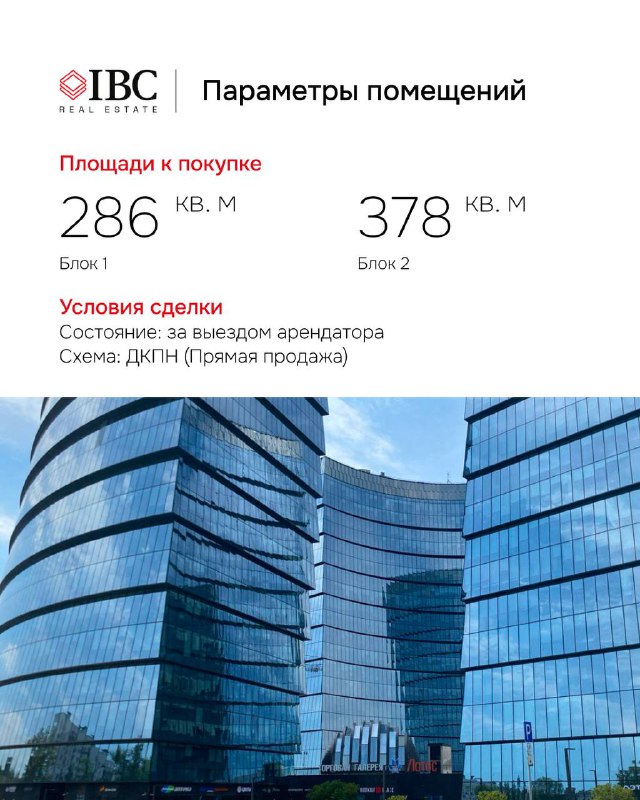 Инфографика с параметрами помещений: площади 286 кв. м и 378 кв. м, условия сделки и изображение фасада БЦ «Лотос» внизу макета.