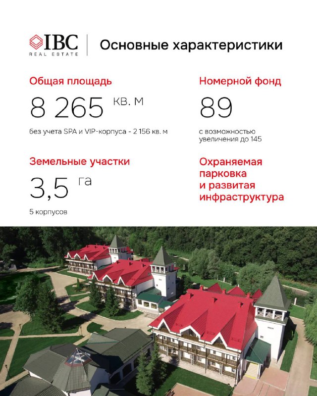 Информационный слайд с аэросъёмкой комплекса: общая площадь 8 265 кв. м, земельный участок 3,5 га, вид комплекса сверху.