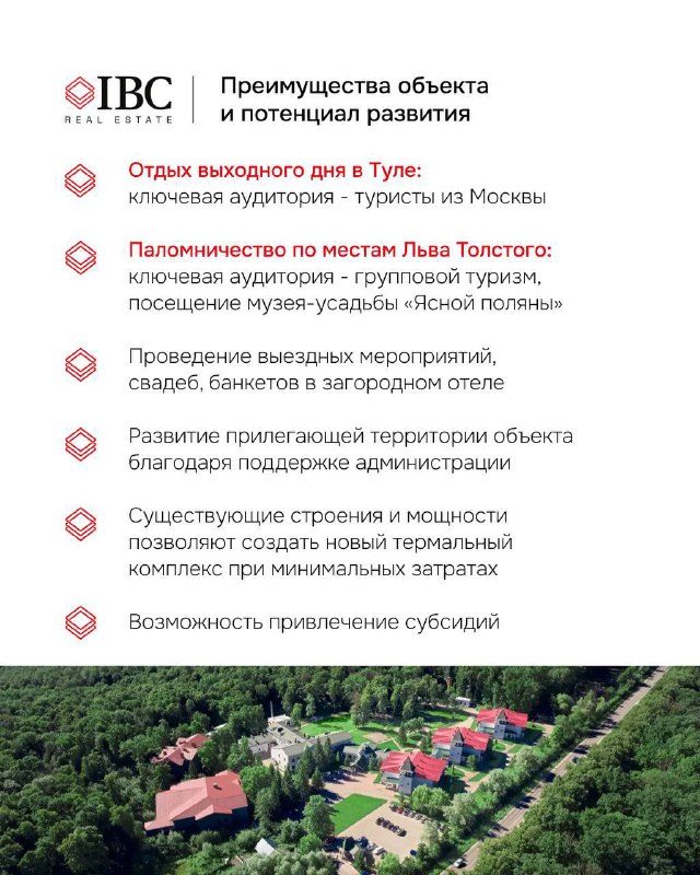 Аэрофотоснимок территории отеля с корпусами, зелёными зонами и площадками, показывающий масштаб участка и возможности для дальнейшего развития.