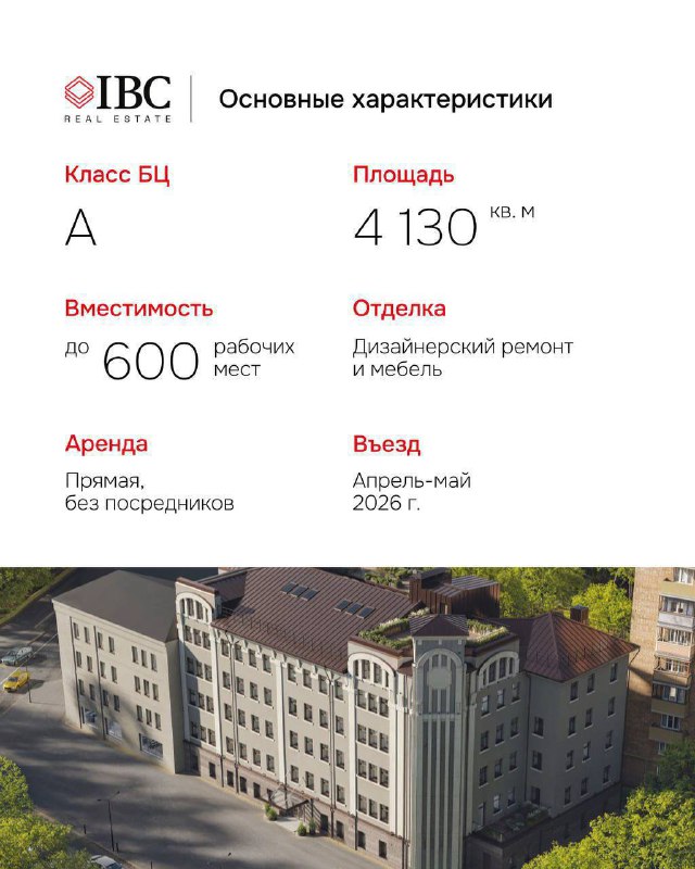 Страница с основными характеристиками: класс А, площадь 4 130 кв.м, вместимость до 600 рабочих мест и визуализация здания со стороны.