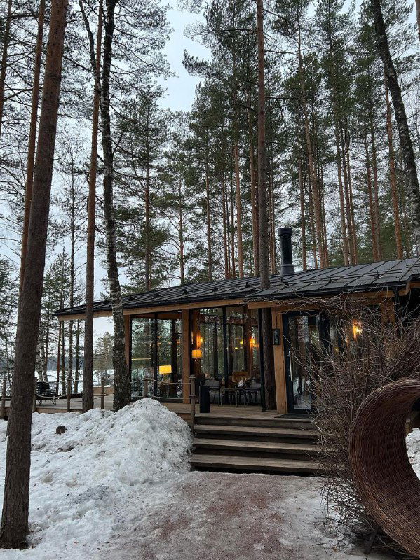 Деревянный дом с большой стеклянной входной зоной в сосновом бору: тёплое освещение и снег вокруг создают уютную загородную атмосферу.