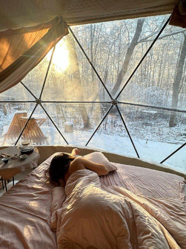 Спальня в глэмпинговом куполе: двуспальная кровать, покрывало, человек отдыхает, через панорамное окно виден зимний лес и мягкий свет утра.