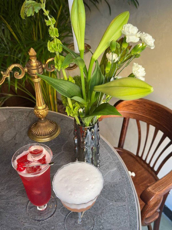 Крупный план: два коктейля на столе рядом с вазой с цветами — яркий ягодный и пенистый йогуртовый сауэр в классических бокалах.