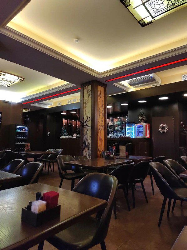 Просторный тёмный зал кафе с колоннами, мягкими креслами и потолочной подсветкой — уютная атмосфера китайской забегаловки в Петербурге.