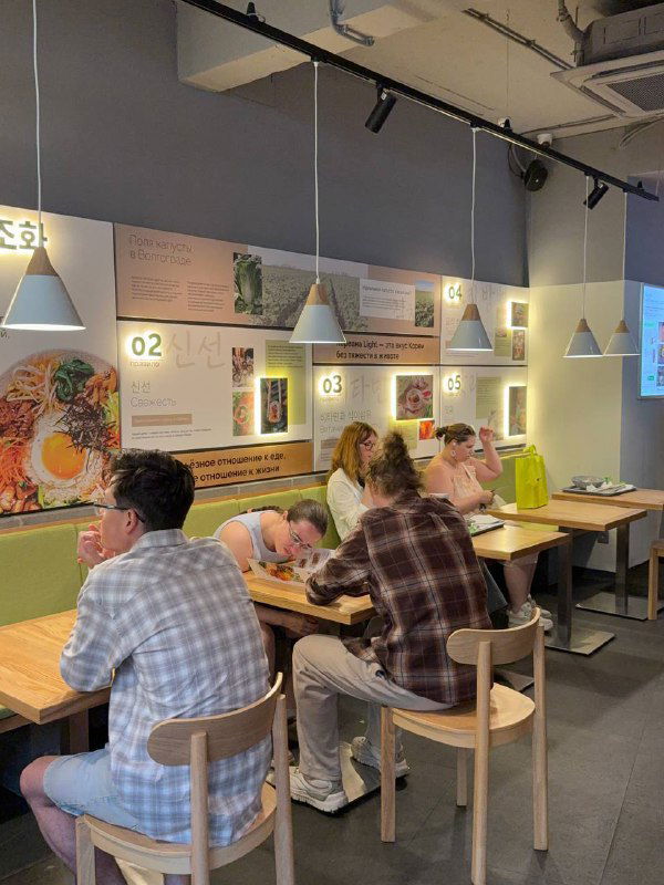 Гости в светлом зале Кореана Light: столы, лампы и настенные меню в обновлённом интерьере корейского стритфуда в центре Петербурга