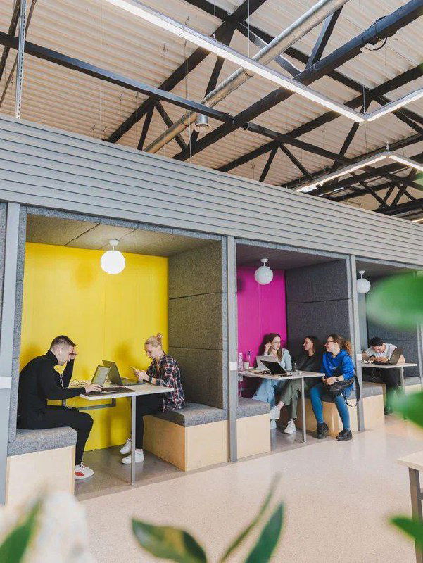 Кабинки с яркими стенами, люди работают за столами в уютных нишах — современный коворкинг для совместной работы.