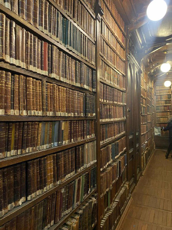 Узкий проход между высокими книжными стеллажами с кожаными переплётами: перспектива исторического книжного фонда, располагающегося в неизменном порядке.