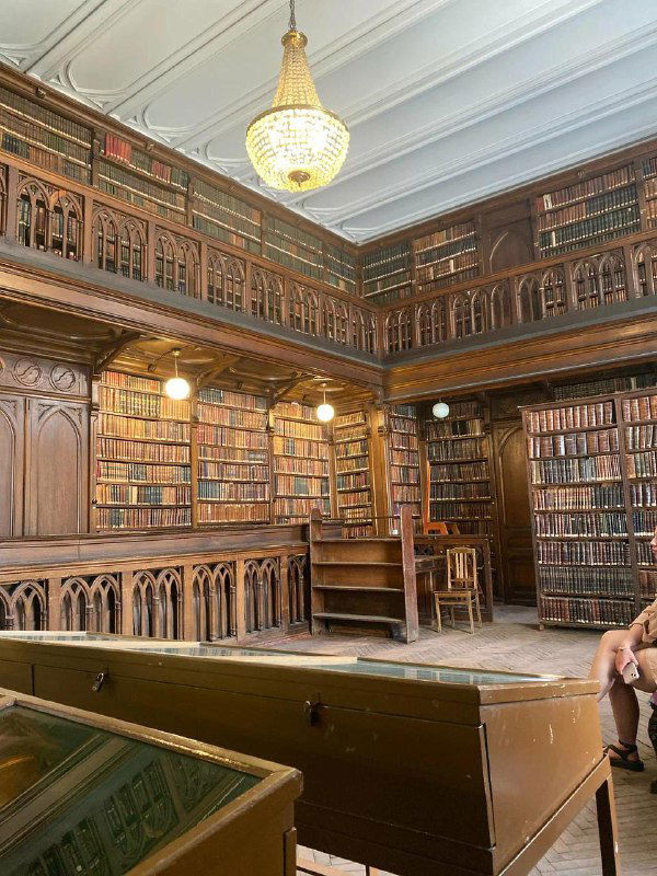 Широкий ракурс читального зала Бестужевских курсов с деревянными скамьями, высокими полками и декоративной люстрой, подчёркивающей историческую атмосферу.