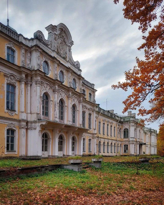 Крупный план архитектурных деталей заброшенной усадьбы Знаменка: обветшавшие лепнина и окна на фоне осеннего неба.