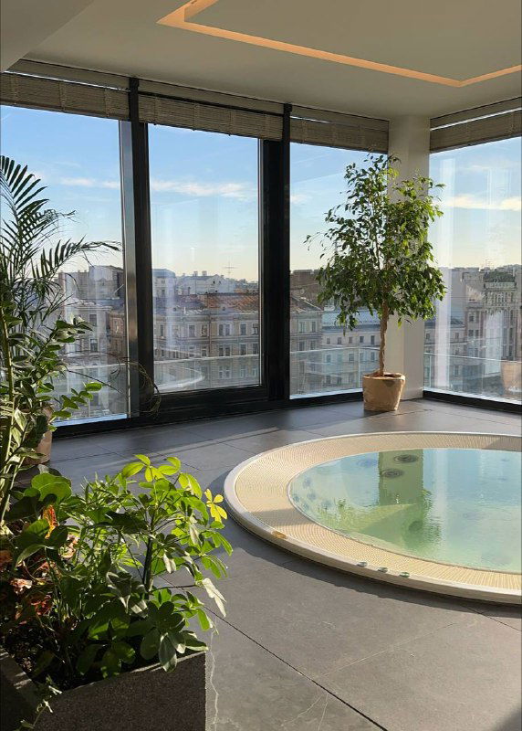 Круглая джакузи у большого окна на крыше, вокруг горшечные растения и дневной свет, панорама центральных улиц Петербурга.