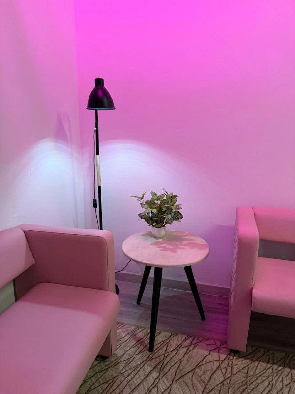 Комфортная зона ожидания с розовой подсветкой: мягкие кресла и торшер создают «розовую» эстетику места, популярного у поклонниц пилатеса.