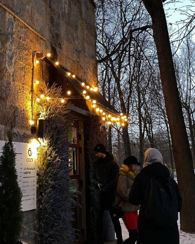 Группа людей у входа в Cozy Coffee в Таврическом саду зимой: посетители в тёплой одежде стоят в очереди под гирляндами и среди снега