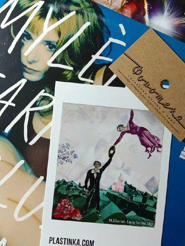 Крупный план обложек виниловых пластинок и бумажных вкладышей с арт-иллюстрациями и карточками магазина.