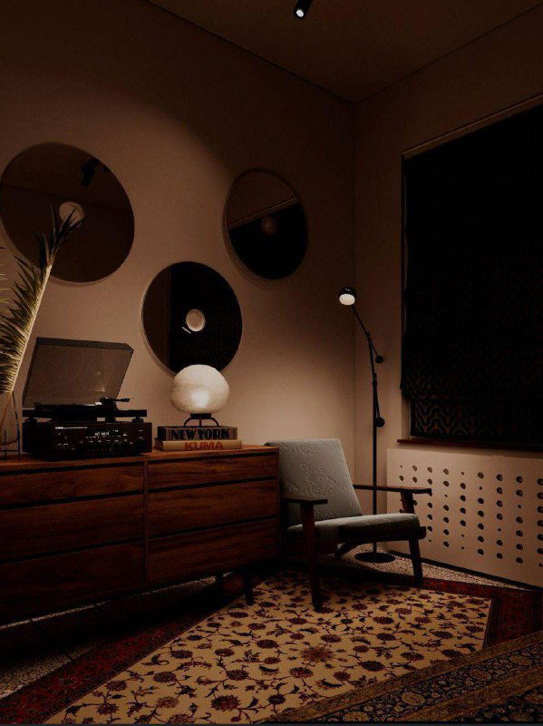 Уютная комната отдыха с ретро-проигрывателем, креслом и ночной лампой — спокойная зона для чтения и восстановления после процедур.