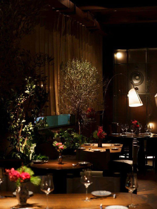 Тёмный уютный ресторанный зал с живыми растениями, свечами на столах и приглушённым светом, интимная барная атмосфера вечера.