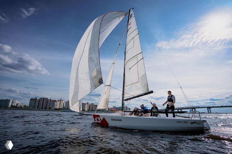 Яхта с экипажем под белыми парусами в спокойной воде; вид на городской берег Санкт-Петербурга в фоне.