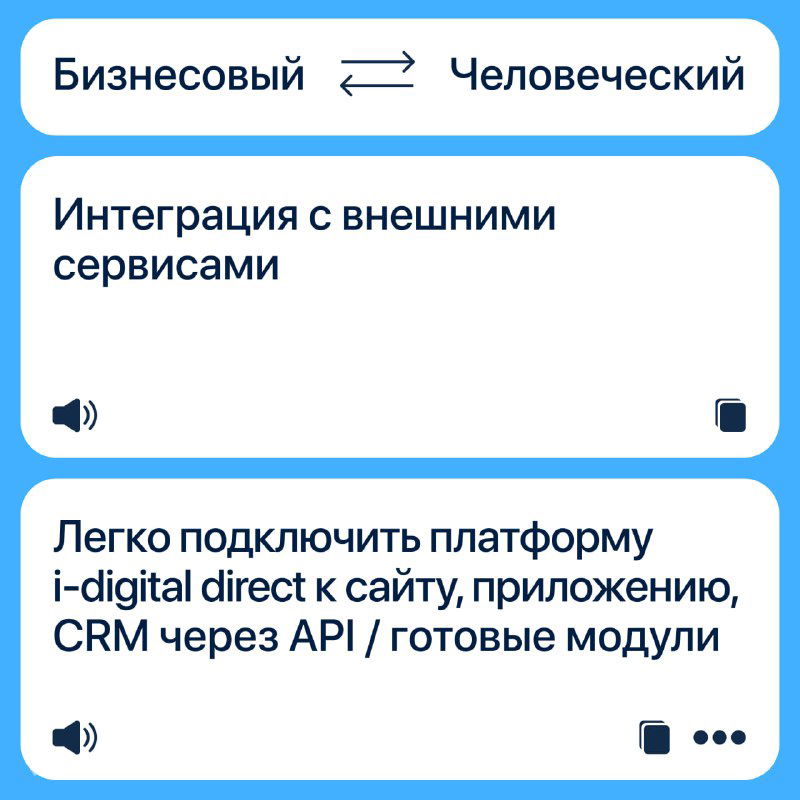 Слайд: «Интеграция с внешними сервисами» — упоминание подключения через API и готовых модулей к сайту, приложению, CRM.
