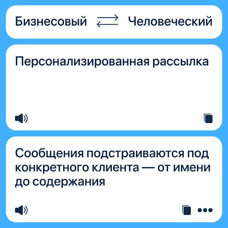 Слайд: «Персонализированная рассылка» — сообщения подстраиваются под конкретного клиента по имени и содержанию, пример персонализации.