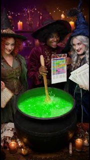 Три ведьмы вокруг большого котла с зелёной жидкостью; одна держит распечатку с цветной таблицей — метафора планирования кампаний и автоматизации.