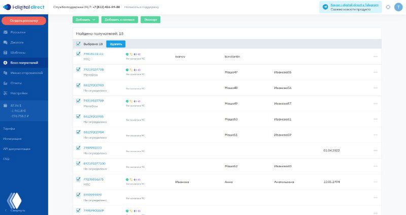 Редактирование названий рассылок и удаление абонентов