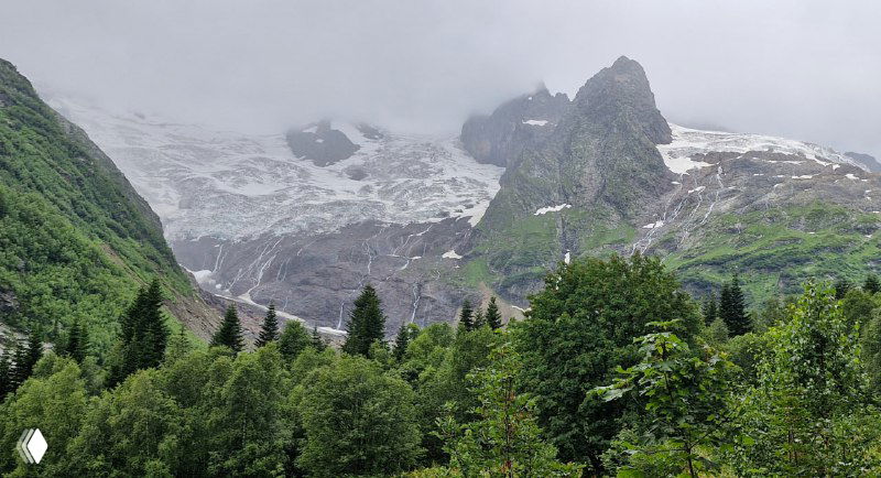 Панорама ледника в Алибекском ущелье: белые ледяные массы между скальными стенами, окружённые зелёными елями и горными хребтами