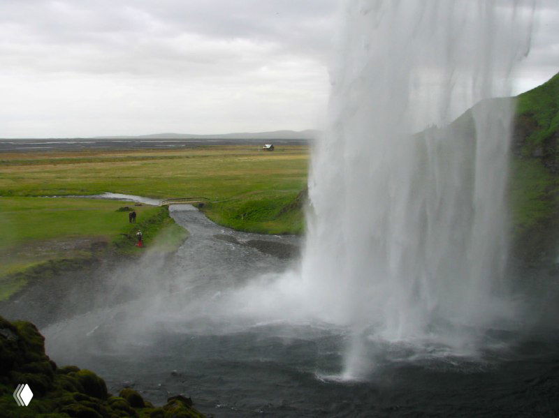 Вид изнутри за падающей стеной воды водопада Сельяландфосс: струи воды, сырой каменный путь и панорамная равнина позади водопада под облачным небом.