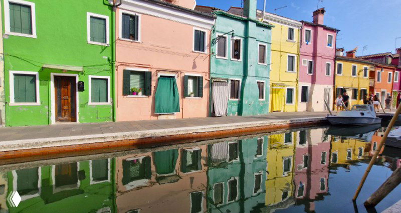 Набережная Бурано с зелёными, розовыми и голубыми домами, чёткое зеркало отражений в спокойной воде канала и уютный городской пейзаж.