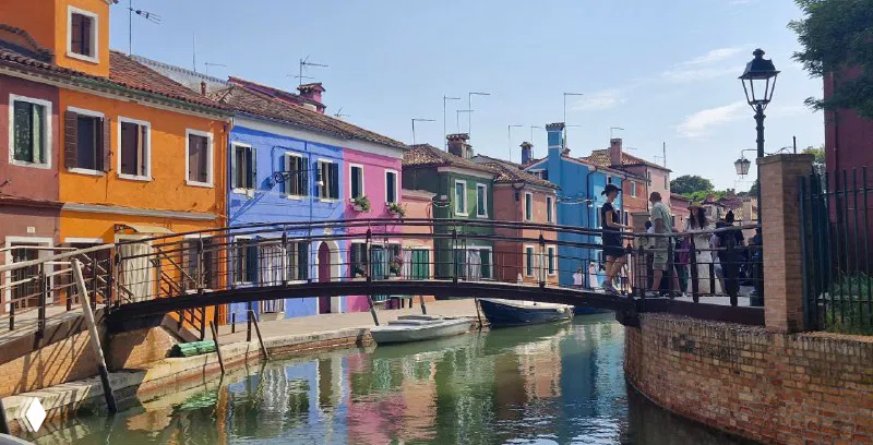 Мост через канал на Бурано и плотная застройка из ярко окрашенных домов, прохожие на набережной и насыщенные цвета фасадов в солнечный день.