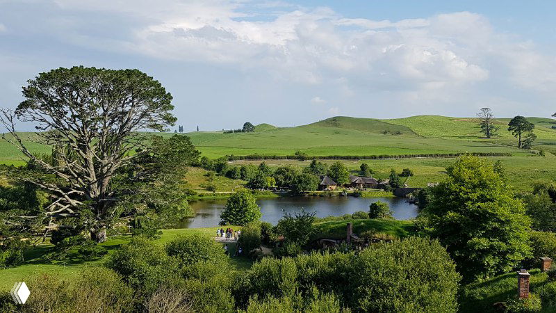 Панорамный вид на холмы и озёра Хоббитона в Новой Зеландии: зелёные ландшафты, небольшие домики и туристы на фоне горизонта.