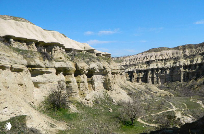 Извилистая тропа между туфовыми уступами и слоистыми скалами Каппадокии; вид в небольшой каньон у окрестностей Гёреме.