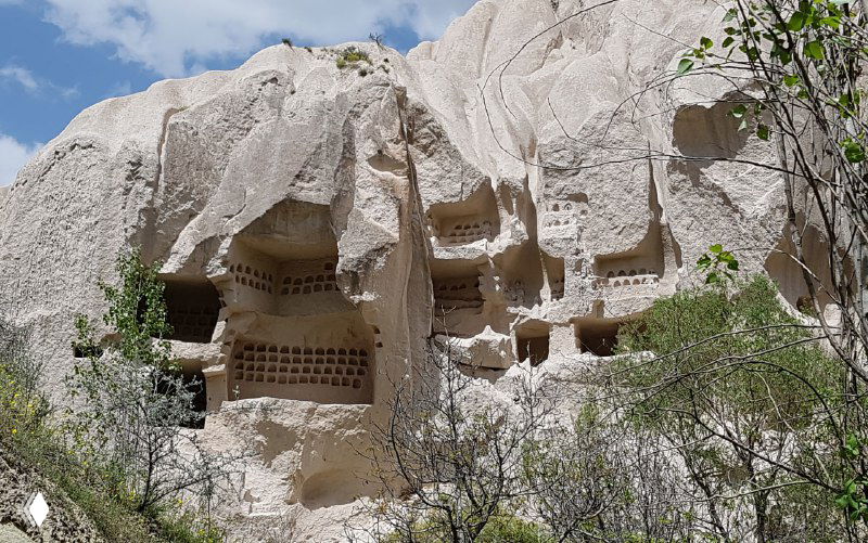 Скальные фасады с вырезанными нишами и проходами, видны несколько входов пещер и голубятни на отвесной скале среди кустарника.