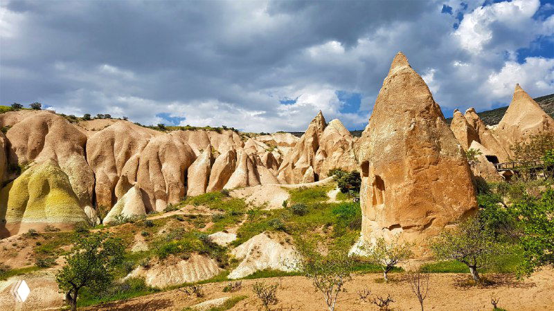 Красочные конусы и холмы розово-жёлтого оттенка Розовой долины на фоне синего неба, хорошо просматриваются тропы и растительность.