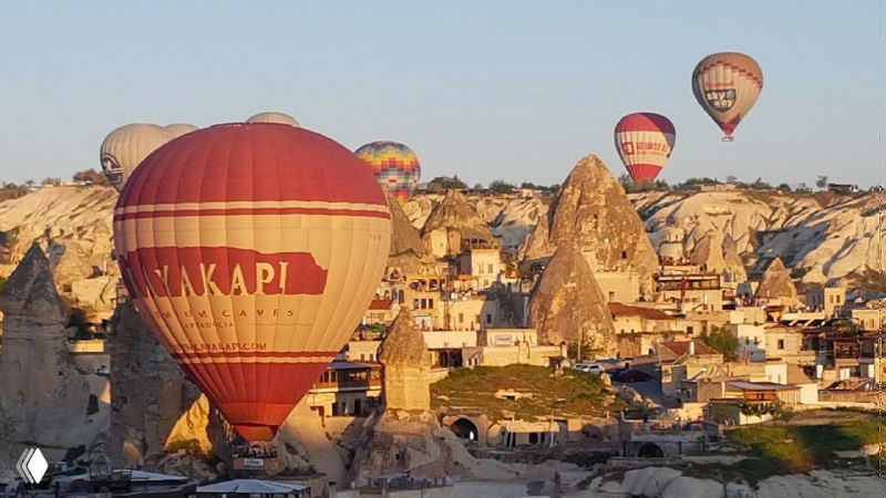 Крупный план яркого шара на фоне домиков и скал Гёреме: низкий пролёт над историческим ландшафтом Каппадокии на рассвете.
